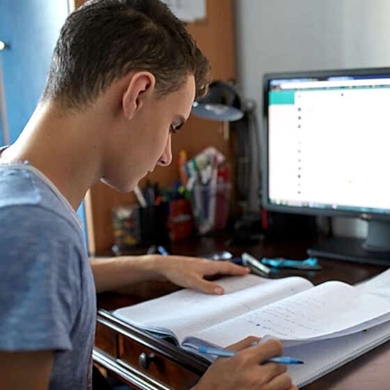 young boy studying
